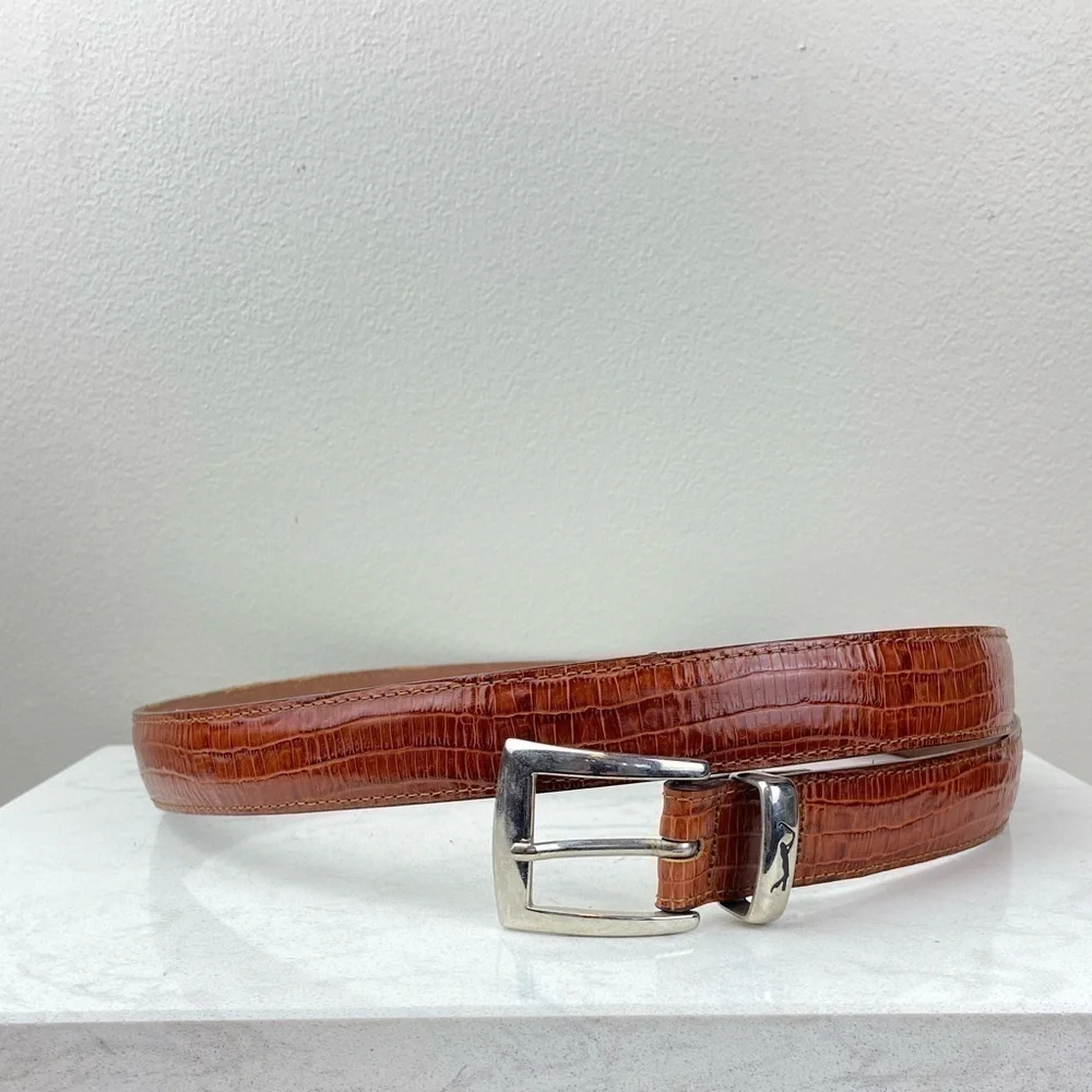 PGA TOUR TOP GRAIN MEN’S REPTILE EMBOSSED LEATHER BELT BROWN AND SILVER